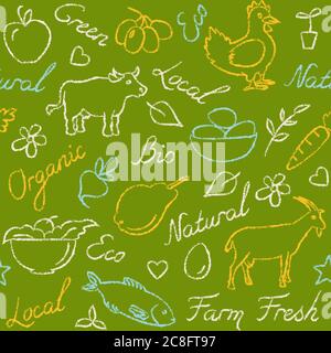 Seamless pattern with ecology farm food symbols and lettering in sketch style Stock Vector