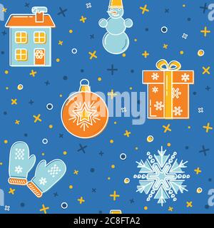 Christmas seamless pattern with holiday symbols. Colored snowman, snowflake, mittens, holiday house, gift box and decorative ball in thin line style. Stock Vector