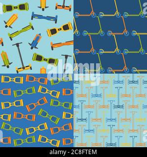 Collection of flat style seamless patterns with gyroscope, scooter and unicycle symbols. Modern transport icons. Stock Vector