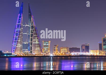 View of World Trade Center and Skyline of Manama in Kingdom of Bahrain Stock Photo