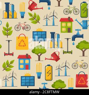 Seamless pattern with energy and ecology symbols in flat style. Stock Vector