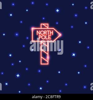 Neon North Pole waypost sign on dark background. Shining Christmas icon in line style. Stock Vector