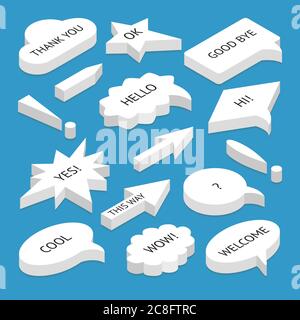 Set of 3d isometric speech bubbles with text, with shadow, isolated. Includes circle and rectangle shapes, isometric arrows, exclamation marks. Stock Vector