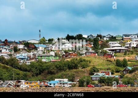 Cityscape of a residential neighborhood in Castro, the mayor city at Chiloe island in southern Chile. Stock Photo
