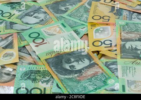 Background of Australian currency fifty and one hundred dollar notes Stock Photo