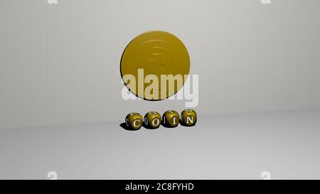 3D graphical image of COIN vertically along with text built by metallic cubic letters from the top perspective, excellent for the concept presentation and slideshows. illustration and business Stock Photo