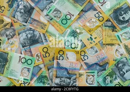 Background of Australian currency fifty and one hundred dollar notes Stock Photo