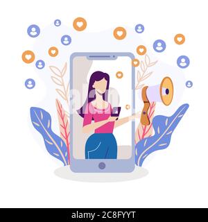 Blogger attracts likes illustration. Female character is collecting endorsements for her video promoting. Stock Vector