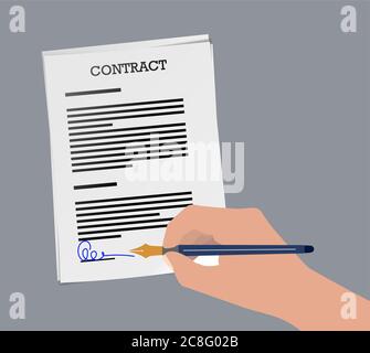 vector illustration of person signing contract with fountain pen Stock Vector