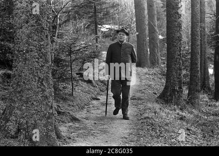 Willy BRANDT, SPD, politician, SPD chairman, later Federal Chancellor, here privately on vacation, takes a walk in the forest, Buehlerhoehe, Black Forest, 01/28/1969, | usage worldwide Stock Photo