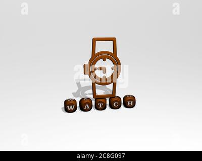 3D illustration of WATCH graphics and text made by metallic dice letters for the related meanings of the concept and presentations. clock and background Stock Photo