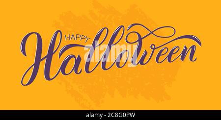 Happy Halloween hand written text. Vector illustration isolated on orange background. Script brushpen lettering with flourishes. Handwriting for banner, poster, greeting card or invitation Stock Vector