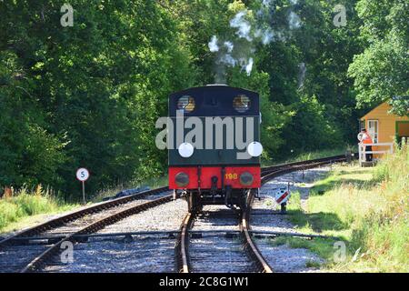 Royal Engineer reversing backwards on the Isle of Wight steam railway. Stock Photo