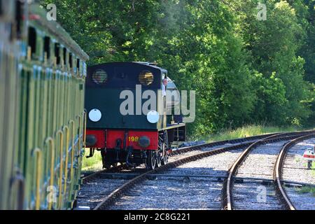 Royal Engineer reversing backwards on the Isle of Wight steam railway. Stock Photo