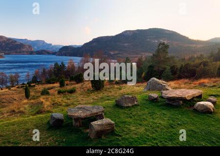 geography/travel, Norway, A stone picnic spot enjoys a beautiful view over a lake at Preikestolen Fjellstue in the south o, No-Tourism-Advertising-Use Stock Photo