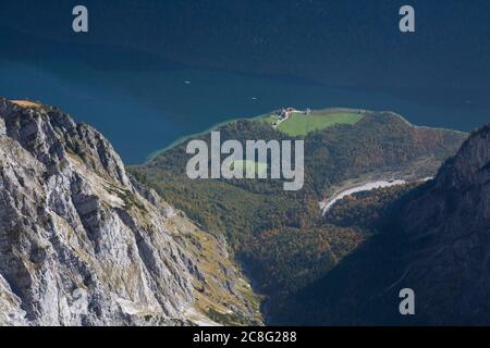 geography / travel, Germany, Bavaria, Koenigssee, St. Bartholomae, view out of the Watzmann Eastern wa, Additional-Rights-Clearance-Info-Not-Available Stock Photo