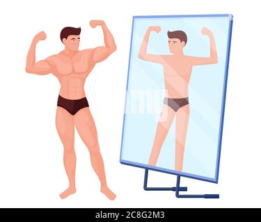 Reflection in mirror of a man no muscles. Male bodybuilder character with pumped up muscles. Stock Vector