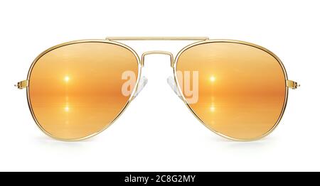Vacation concept. Sunset on the sea reflection in aviator sunglasses isolated on white background. With clipping path