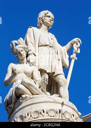Marble figure of Cristoforo Columbo (Christopher Columbus) with symbolic figure of America at his legs Stock Photo