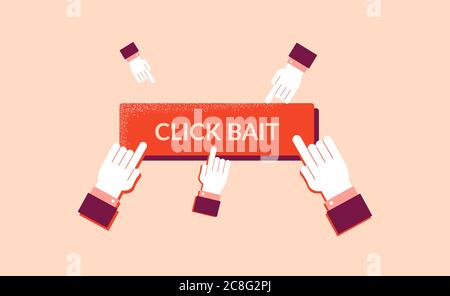 Clickbite on false news illustration. Media viral bait marketing ad button. Stock Vector