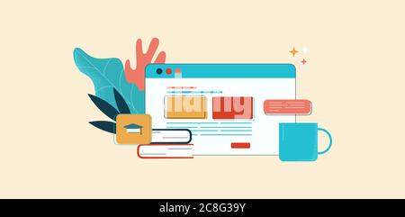 Courses online illustration. Learning web based at distance electronic technologies communication knowledge. Stock Vector
