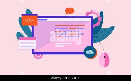 First person programming illustration. Online product development software coding technology. Stock Vector