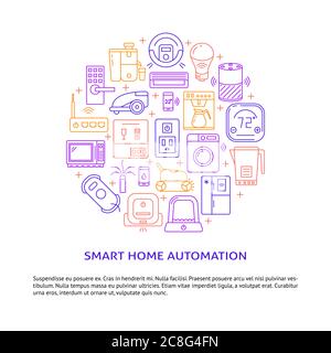 Smart home automation round banner template in line style. Poster with gadgets contour icons and place for text. Vector illustration. Stock Vector