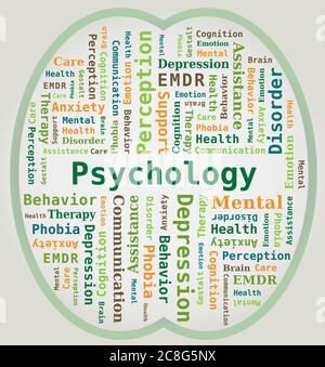 Word Cloud Psychology and Mental Health in Brain Shape Stock Vector