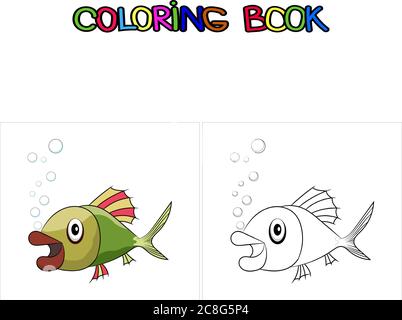 Coloring book with cartoon cute fish - vector illustration. Fish colorful and white and black for coloring by kids Stock Vector