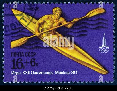 USSR - CIRCA 1978: A stamp printed in USSR from the 'Olympic Games, Moscow. Sports (3rd series)' issue shows Canoeist, circa 1978. Stock Photo
