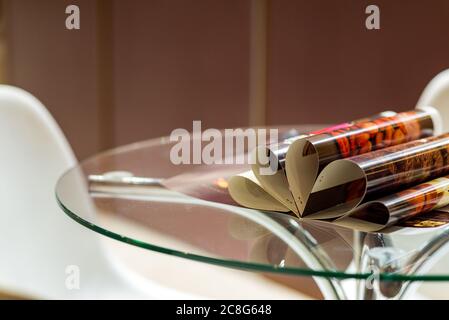 selective focus of the stacking magazine place on table in living room Stock Photo