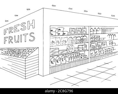 Grocery store shop interior black white graphic sketch illustration vector Stock Vector