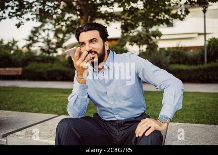 Portrait of bearded businessman wearing blue shirt, using mobile phone. Stock Photo