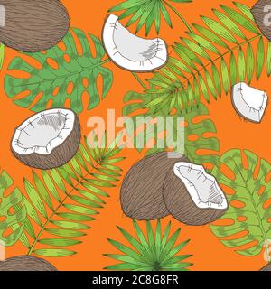 Coconut palm leaf graphic color seamless pattern sketch illustration vector Stock Vector