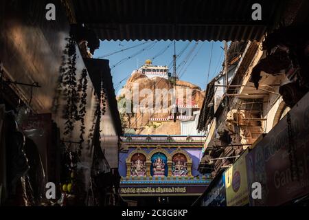 Trichy, Tamil Nadu, India - February 2020: The ancient hill top Rock Fort temple also known as the Ucchi Pillaiyar temple in the city of Tiruchirappal Stock Photo