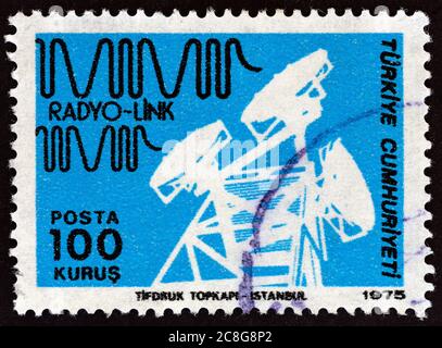 TURKEY - CIRCA 1975: A stamp printed in Turkey from the 'Posts and Telecommunications' issue shows Radio link, circa 1975. Stock Photo