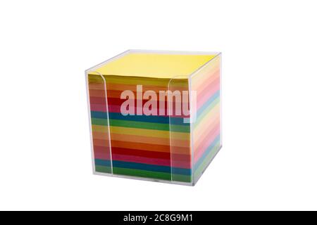 Note Box with colorful Papers isolated on white Background Stock Photo