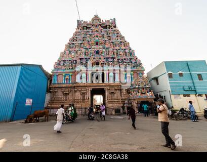 Trichy, Tamil Nadu, India - February 2020: The temple tower of the ancient Jambukeshwar temple complex in the city of Tiruchirappalli. Stock Photo