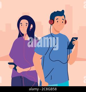 young couple using headphones and smartphones outdoor Stock Vector