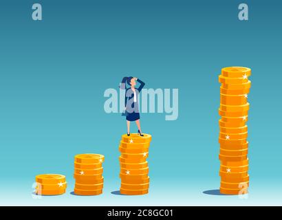 Vector of a businesswoman standing on a growing up stack of coins thinking how to  achieve top financial goals Stock Vector