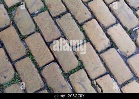 Top view on paving wet stone road. Old pavement of granite texture. Street cobblestone sidewalk in Odessa. Abstract background for design. Stock Photo