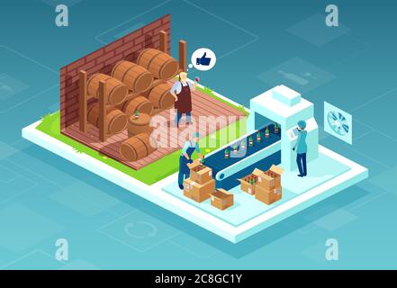 Vector of wine making and bottling process, production of alcoholic beverages concept Stock Vector