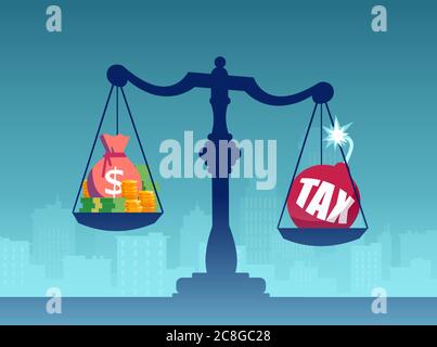Vector of a scale with money and taxes on cityscape background Stock Vector