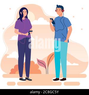couple performing leisure outdoor activities, couple using headphones and smartphones Stock Vector