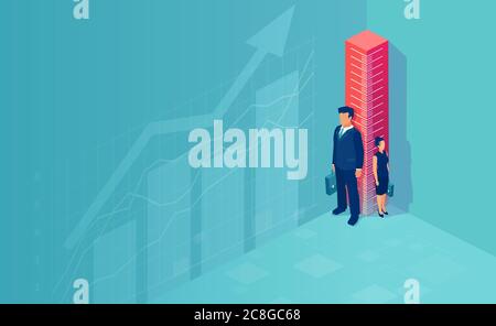 Vector of a businessman and businesswoman standing sideways of the ruler. Difference and discrimination in professional life, career promotion