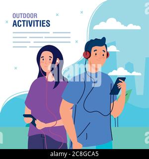 banner, couple performing leisure outdoor activities, couple using headphones and smartphones Stock Vector