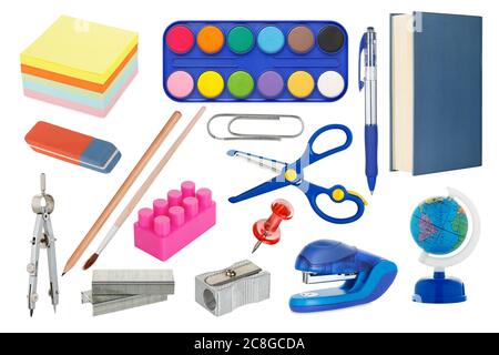 collection of school supplies isolated on white Stock Photo
