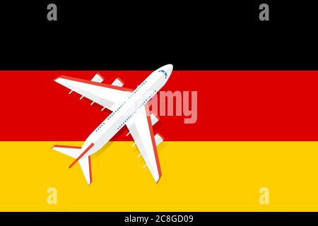 Vector Illustration of a passenger plane flying over the German flag. Concept of tourism and travel Stock Vector