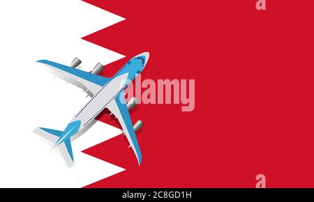 Vector Illustration of a passenger plane flying over the flag of Bahrain. Concept of tourism and travel Stock Vector