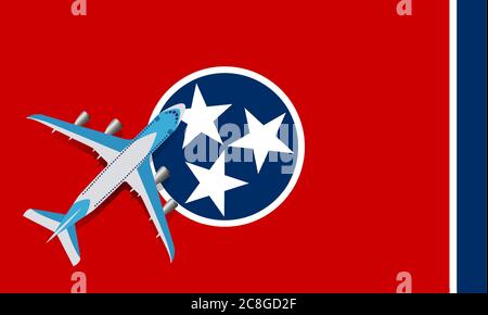 Vector Illustration of a passenger plane flying over the flag of Tennessee. Concept of tourism and travel Stock Vector